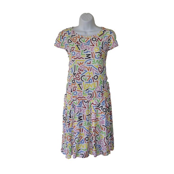 C0 Auth LOVE MOSCHINO Love Printed On White Cap Sleeve Summer Mini Dress Size 8 - Picture 1 of 6